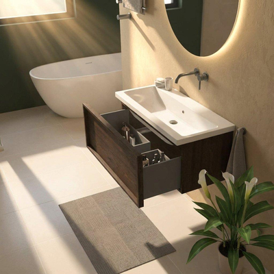 Saniclass Holz Frame Ensemble meuble de salle de bains - 100x45x43.5cm - Bari lavabo en céramique blanc - 1 vasque - sans trou de robinet - 1 tiroir - chêne charcoal mat (bois)