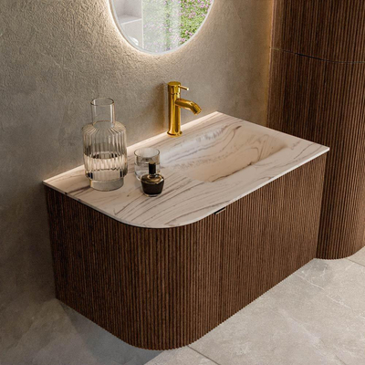 MONDIAZ KURVE-DLUX 75cm badmeubel ronding Links kleur Walnut met 1 lade en 1 deur. Wastafel GRUNNE Rechts 1 kraangat Nata.