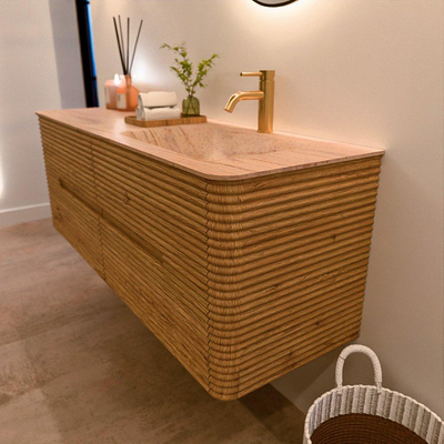 Mondiaz CIRO-DLUX Meuble de salle de bains - 140x45x50cm - Plan-vasque Solid Surface Saba - 1 lavabo à droite - 1 trou de robinetterie - 4 tiroirs - Chêne