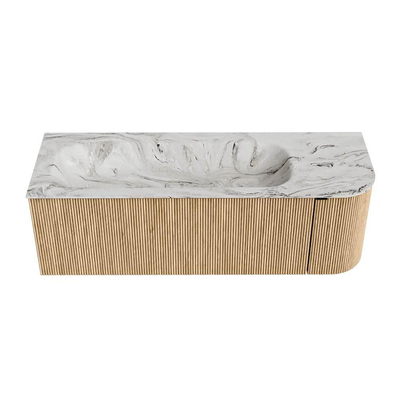 MONDIAZ KURVE-DLUX meuble de salle de bains 135cm avec module 25 R couleur Oak avec 1 tiroir et 1 porte. Lavabo BIG MEDIUM gauche 1 trou de robinet couleur Glace.