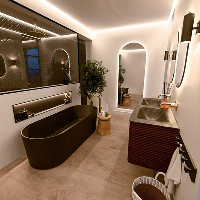 Mondiaz CIRO-DLUX Meuble de salle de bains - 130x45x50cm - Plan vasque solid surface Lava - 2 cuves double - sans trous de robinetterie - 4 tiroirs - Ruby