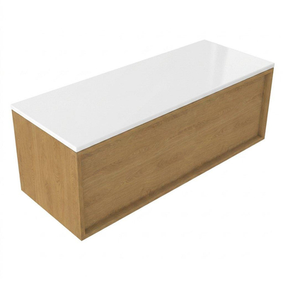 Saniclass Holz Frame Ensemble de meuble de salle de bains - 120x45x42.5cm - plan de toilette Torino en Solid Surface blanc - sans trou de robinet - 1 tiroir - chêne natural mat (bois)