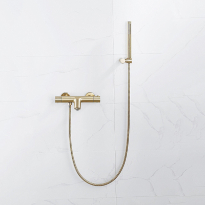 FugaFlow Eccelente Sobrado Robinet de baignoire thermostatique avec douchette stick, support et flexible en métal Laiton brossé PVD