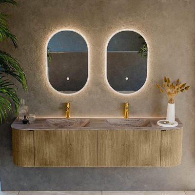 MONDIAZ KURVE-DLUX meuble de salle de bains 180cm arrondi gauche + droite couleur Dusk avec 2 tiroirs et 2 portes. Lavabo LEAF double 2 trous de robinet Oza.