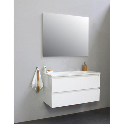 Basic Bella Meuble lavabo acrylique avec sans trous de robinet avec miroir 100x55x46cm Flat Pack Blanc Haute-brillance