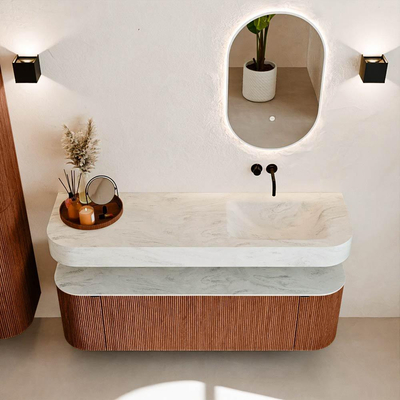 MONDIAZ THOR-DLUX 150cm meuble de salle de bains arrondi gauche + droite couleur Ruby avec 1 tiroir et 2 portes. Vasque suspendue CLOUD Droite sans trou de robinet couleur Opalo.