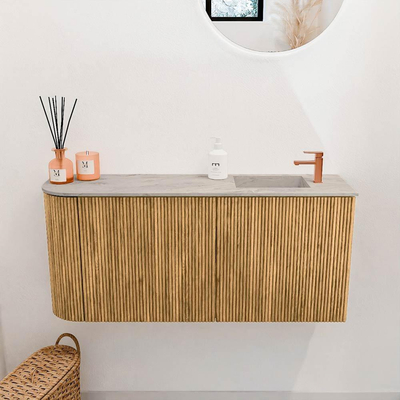 Mondiaz JOYA-DLUX 91.6cm toiletmeubel - ronding links kleur Oak - Wastafel FAYE positie Rechts 1 kraangat kleur Glace.