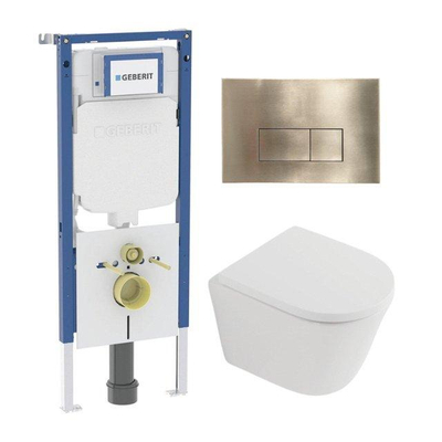 QeramiQ Dely Toiletset - 36.3x51.7cm - diepspoel - rimless - Geberit UP720 inbouwreservoir - softclose toilet zitting 35 mm - geborsteld messing bedieningsplaat - rechthoekige knoppen - mat wit