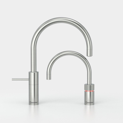 Quooker Nordic Round Twintaps kokendwaterkraan - draaibare uitloop - Combi+ incl. Cube reservoir - Warm / kokend water - RVS