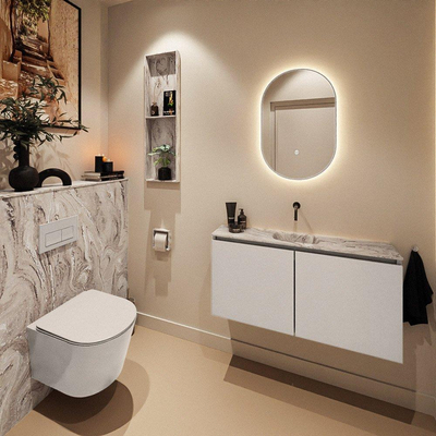 MONDIAZ TURE-DLUX Meuble toilette - 100cm - Linen - EDEN - vasque Glace - position centrale - sans trou de robinet