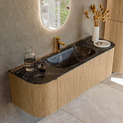 MONDIAZ KURVE-DLUX 140cm badmeubel met module 25 Len R kleur Oak met 1 lade en 2 deuren. Wastafel BIG SMALL midden 1 kraangat kleur Lava.