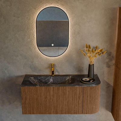 MONDIAZ KURVE-DLUX 105cm Meuble salle de bain avec module 25 D - couleur Walnut - 1 tiroir - 1 porte - vasque BIG SMALL gauche - 1 trou de robinet - couleur Lava