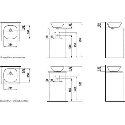 Laufen INO waskom 35x35x12cm zonder kraangat met overloop SaphirKeramik wit