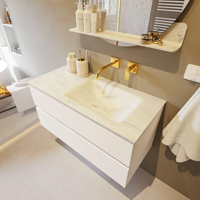 Mondiaz VICA-DLUX ensemble de meuble de salle de bain - 100cm - meuble sous lavabo talc - 2 tiroirs - lavabo encastré cloud droite - sans trous de robinet - version haute de 60cm - opalo