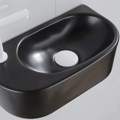 QeramiQ Fuente pack lave-mains – 40 x 21,5 x 12 cm – céramique noir mat – perçage à gauche – robinet blanc mat