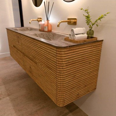 Mondiaz CIRO-DLUX Ensemble de meubles de salle de bains - 170x45x50cm - vasque en solid surface Oza - 2 cuves double - sans trous de robinet - 4 tiroirs - Chêne