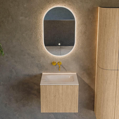 MONDIAZ KURVE-DLUX 50cm badmeubel kleur Oak met 1 lade en 0 deuren. Wastafel GRUNNE Midden zonder kraangat Meli.