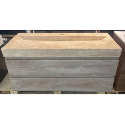 Forzalaqua Bellezza wastafelonderkast 120x51x48cm met 2 softclose greeploze lades Massief Eiken Endgrain Raw - incl. forzalaqua bellezza wastafel - 1 kraangat - travertin gezoet - - OUTLET UDEN