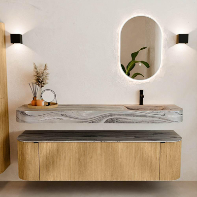 MONDIAZ THOR-DLUX 170cm meuble de salle de bains arrondi gauche + droite couleur Oak avec 1 tiroir et 2 portes. Vasque suspendue CLOUD Droite 1 trou de robinet couleur Sombra.