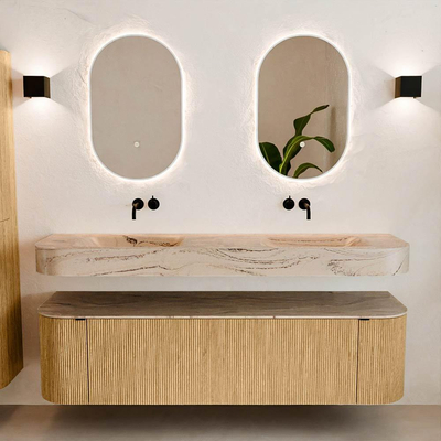 MONDIAZ THOR-DLUX 170cm badmeubel ronding links + rechts kleur Oak met 1 lade en 2 deuren. Vrijhangende wastafel CLOUD Dubbel zonder kraangat kleur Arena.