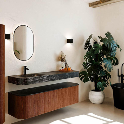 MONDIAZ THOR-DLUX 160cm meuble de salle de bains arrondi gauche + droite couleur Ruby avec 1 tiroir et 2 portes. Vasque suspendue CLOUD Gauche 1 trou de robinet couleur Lava.