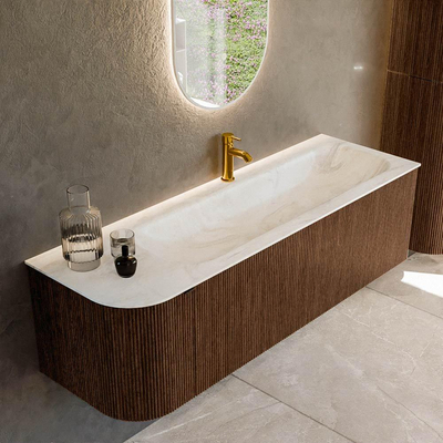 MONDIAZ KURVE-DLUX Meuble de salle de bains 145 cm avec module 25 L couleur Walnut avec 1 tiroir et 1 porte. Lavabo BIG LARGE à droite 1 trou de robinet couleur Ostra.