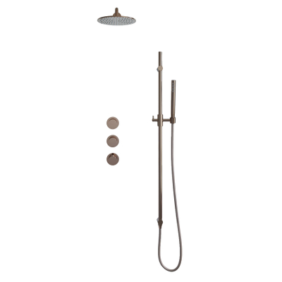 Fortifura Nebbio Regendoucheset - inbouwkraan - inbouwdeel - glijstang - doucheslang metaal - staaf handdouche - 35cm - wandarm - 30cm ronde hoofddouche - PVD - geborsteld koper