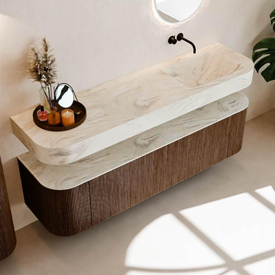 MONDIAZ THOR-DLUX 170cm badmeubel ronding links + rechts kleur Walnut met 1 lade en 2 deuren. Vrijhangende wastafel CLOUD Rechts zonder kraangat kleur Ostra.