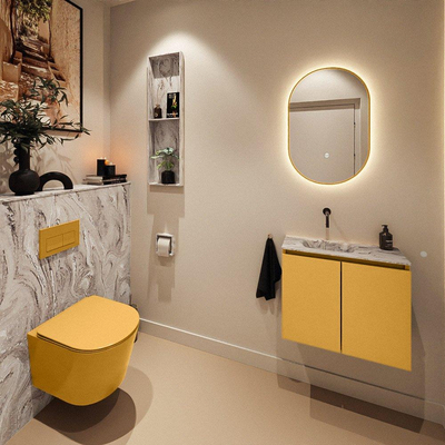 MONDIAZ TURE-DLUX Meuble toilette - 60cm - Ocher - EDEN - vasque Glace - position gauche - sans trou de robinet