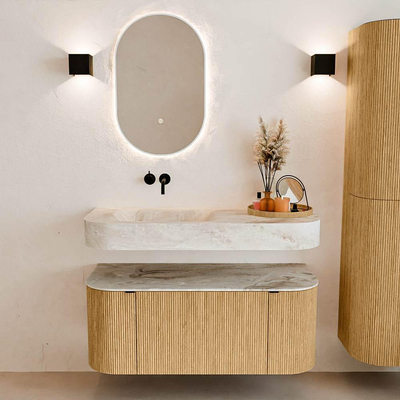 MONDIAZ THOR-DLUX 110cm badmeubel ronding links + rechts kleur Oak met 1 lade en 2 deuren. Vrijhangende wastafel CLOUD Links zonder kraangat kleur Frappe.