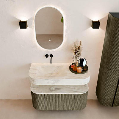 MONDIAZ THOR-DLUX 100cm meuble de salle de bains arrondi gauche + droite couleur Shadow avec 1 tiroir et 2 portes. Vasque suspendue CLOUD Gauche sans trou de robinet couleur Ostra.