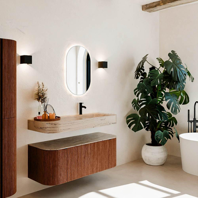 MONDIAZ THOR-DLUX Meuble de salle de bains 120cm arrondi gauche + droite couleur Ruby avec 1 tiroir et 2 portes. Vasque suspendue CLOUD Droite 1 trou de robinet couleur Arena.