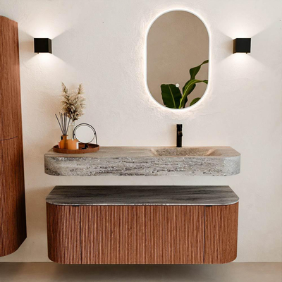 MONDIAZ THOR-DLUX 130cm meuble de salle de bains arrondi gauche + droite couleur Ruby avec 1 tiroir et 2 portes. Vasque suspendue CLOUD Droite 1 trou de robinet couleur Oza.