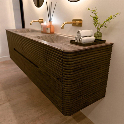 Mondiaz CIRO-DLUX Badkamermeubelset - 180x45x50cm - Solid surface wastafel Oza - 2 wasbak Dubbel - zonder kraangaten - 4 lades - Shadow