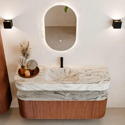 MONDIAZ THOR-DLUX 140cm meuble de salle de bains arrondi gauche + droite couleur Ruby avec 1 tiroir et 2 portes. Vasque suspendue CLOUD Milieu 1 trou de robinet couleur Glace.