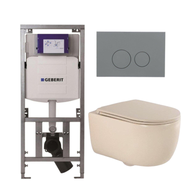 QeramiQ Dely Swirl Toiletset - 36.3x51.7cm - Geberit UP320 inbouwreservoir - met Burda frame - slim zitting - bedieningsplaat licht grijs - ronde knoppen - beige
