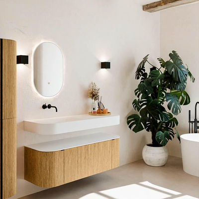 MONDIAZ THOR Meuble de salle de bains 130cm arrondi gauche + droite couleur Oak avec 1 tiroir et 2 portes. Vasque suspendue CLOUD Gauche sans trou de robinet couleur Talc.