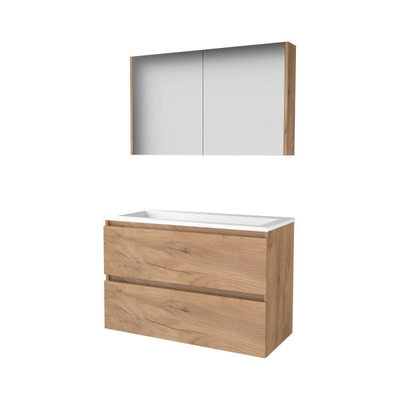Basic-Line Comfort 46 ensemble de meubles de salle de bain 100x46cm sans poignée 2 tiroirs lavabo acrylique 1 trou de robinetterie armoire de toilette mfc whisky oak