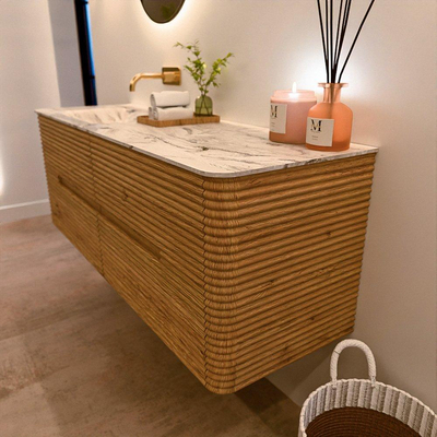 Mondiaz CIRO-DLUX Badkamermeubelset - 140x45x50cm - Solid surface wastafel Glace - 1 wasbak Links - zonder kraangaten - 4 lades - Oak
