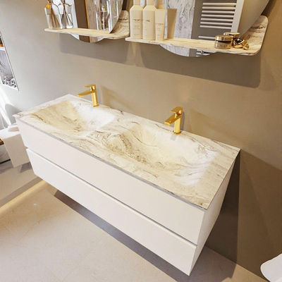 Mondiaz VICA-DLUX ensemble de meuble de salle de bain - 130cm - meuble sous-vasque talc - 2 tiroirs - lavabo encastré cloud double - 2 trous de robinet - version haute de 60cm - glace