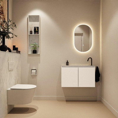 MONDIAZ TURE-DLUX Meuble toilette - 80cm - Talc - EDEN - vasque Opalo - position droite - 1 trou de robinet