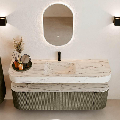 MONDIAZ THOR-DLUX 160cm meuble de salle de bains arrondi gauche + droite couleur Shadow avec 1 tiroir et 2 portes. Vasque suspendue CLOUD Milieu 1 trou de robinet couleur Nata.