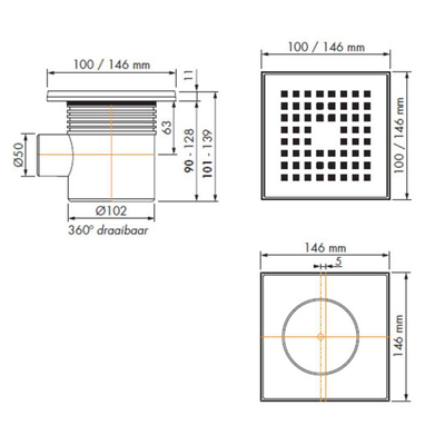 Easy Drain Aqua Quattro drain de sol abs 15x15cm horizontal carrelage 40mm inox SECOND CHOIX