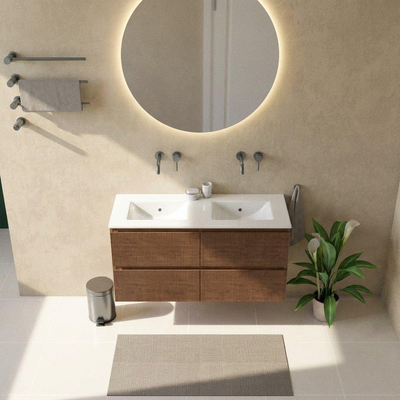 Saniclass Holz Atelier Ensemble meuble de salle de bains - 120x45x62cm - Vasque Vygo en céramique blanche - 2 vasques - sans trous de robinet - 2 tiroirs - noyer pure mat (bois)