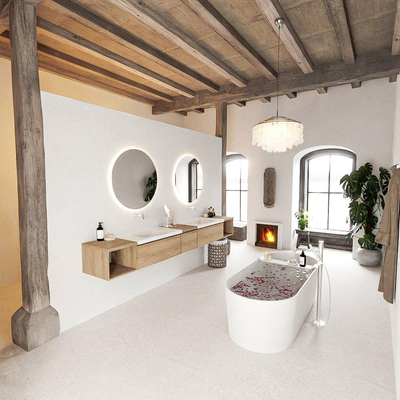 MONDIAZ BUKLA 280cm ensemble de meuble avec module ouvert 40 L+R couleur Chêne blanchi avec 3 tiroirs. Lavabo CLOUD double 0 trou de robinet couleur Talc.