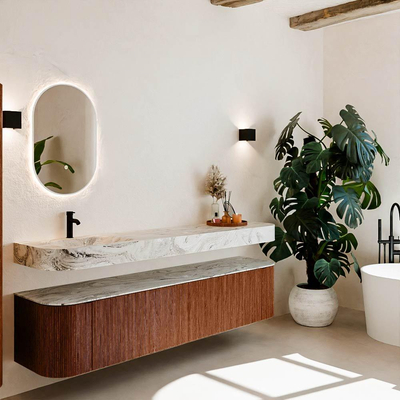 MONDIAZ THOR-DLUX 200cm badmeubel ronding links + rechts kleur Ruby met 2 lades en 2 deuren. Vrijhangende wastafel CLOUD Links 1 kraangat kleur Glace.