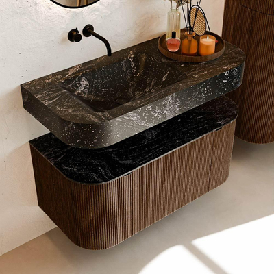 MONDIAZ THOR-DLUX 100cm meuble de salle de bains arrondi gauche + droite couleur Walnut avec 1 tiroir et 2 portes. Vasque suspendue CLOUD Gauche sans trou de robinet couleur Lava.