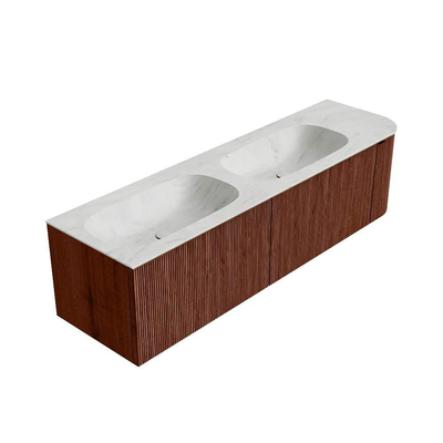 Mondiaz KURVE-DLUX Ensemble de meuble salle de bain - 165x46x40cm - 2 tiroirs - 1 porte - lavabo en solid surface - double / gauche - 2 trous de robinet - Ruby