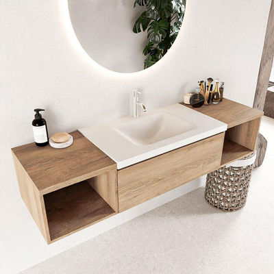 MONDIAZ BUKLA 160cm badmeubel met open module 40 L+R kleur Washed Oak met 2 lades. Wastafel CLOUD midden 1 kraangat kleur Talc.