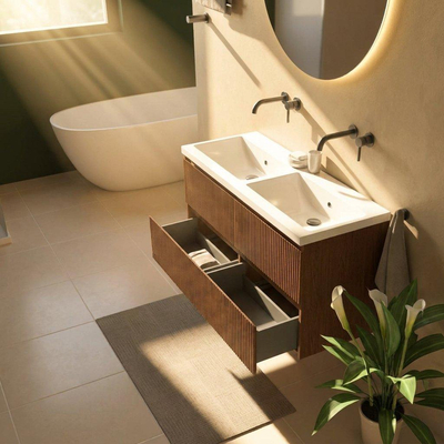Saniclass Holz Atelier Ensemble meuble de salle de bains - 120x45x63.5cm - Lavabo Bari en céramique blanc - 2 vasques - sans trous de robinetterie - 2 tiroirs - walnut pure mat (bois)